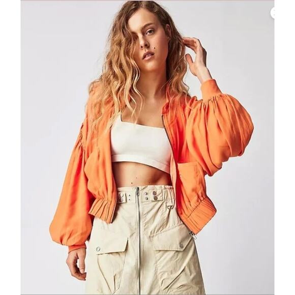 Free People Oversized Viscose Orange Bomber Jacket Size M NWT - Picture 1 of 10